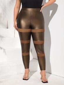 Plus Contrast Mesh PU Leather Skinny Trousers - Bronze - View 3
