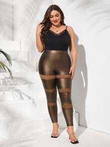 Plus Contrast Mesh PU Leather Skinny Trousers - Bronze - View 5