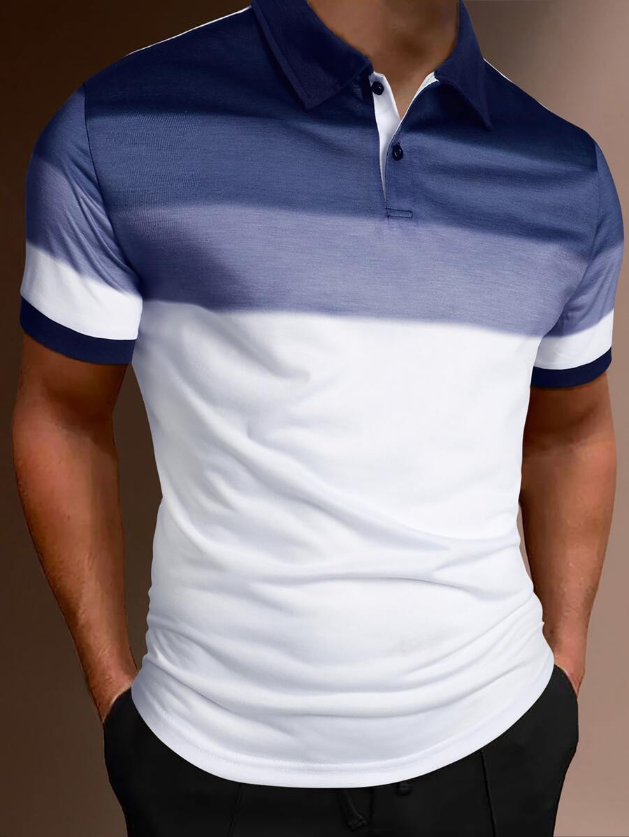 Manfinity Homme Áo thun có cổ Nam Nút phía trước Khối Màu Giải trí - Xanh và trắng - Xem 1