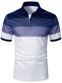 Manfinity Homme Áo thun có cổ Nam Nút phía trước Khối Màu Giải trí - Xanh và trắng - Xem 3