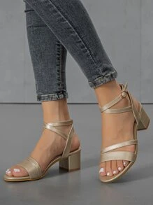 Women's Fashion Round Toe Criss-Cross Open Toe Chunky Heel Sandals, Party Style; Strappy Roman Style Chunky Heel Sandals - Gold - View 2