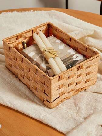 1pc Woven Desktop Storage Basket, Khaki PC Waterproof Book Storage Basket For Household