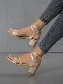 Women's Fashion Round Toe Criss-Cross Open Toe Chunky Heel Sandals, Party Style; Strappy Roman Style Chunky Heel Sandals - Gold - View 3
