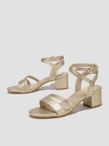 Women's Fashion Round Toe Criss-Cross Open Toe Chunky Heel Sandals, Party Style; Strappy Roman Style Chunky Heel Sandals - Gold - View 4