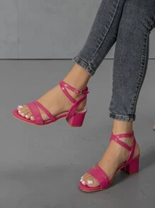 Giày sandal nữ thời trang mũi tròn, quai chéo, gót chunky, kiểu dáng dự tiệc; sandal quai ngang kiểu La Mã, gót chunky. - Màu Hồng Tươi - Xem 2