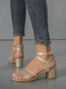 Women's Fashion Round Toe Criss-Cross Open Toe Chunky Heel Sandals, Party Style; Strappy Roman Style Chunky Heel Sandals - Gold - View 5