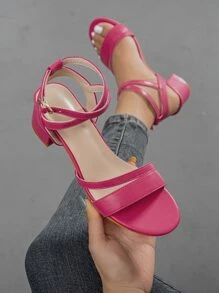Giày sandal nữ thời trang mũi tròn, quai chéo, gót chunky, kiểu dáng dự tiệc; sandal quai ngang kiểu La Mã, gót chunky. - Màu Hồng Tươi - Xem 3