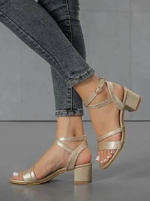 Women's Fashion Round Toe Criss-Cross Open Toe Chunky Heel Sandals, Party Style; Strappy Roman Style Chunky Heel Sandals - Gold - View 6
