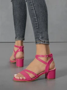 Giày sandal nữ thời trang mũi tròn, quai chéo, gót chunky, kiểu dáng dự tiệc; sandal quai ngang kiểu La Mã, gót chunky. - Màu Hồng Tươi - Xem 5