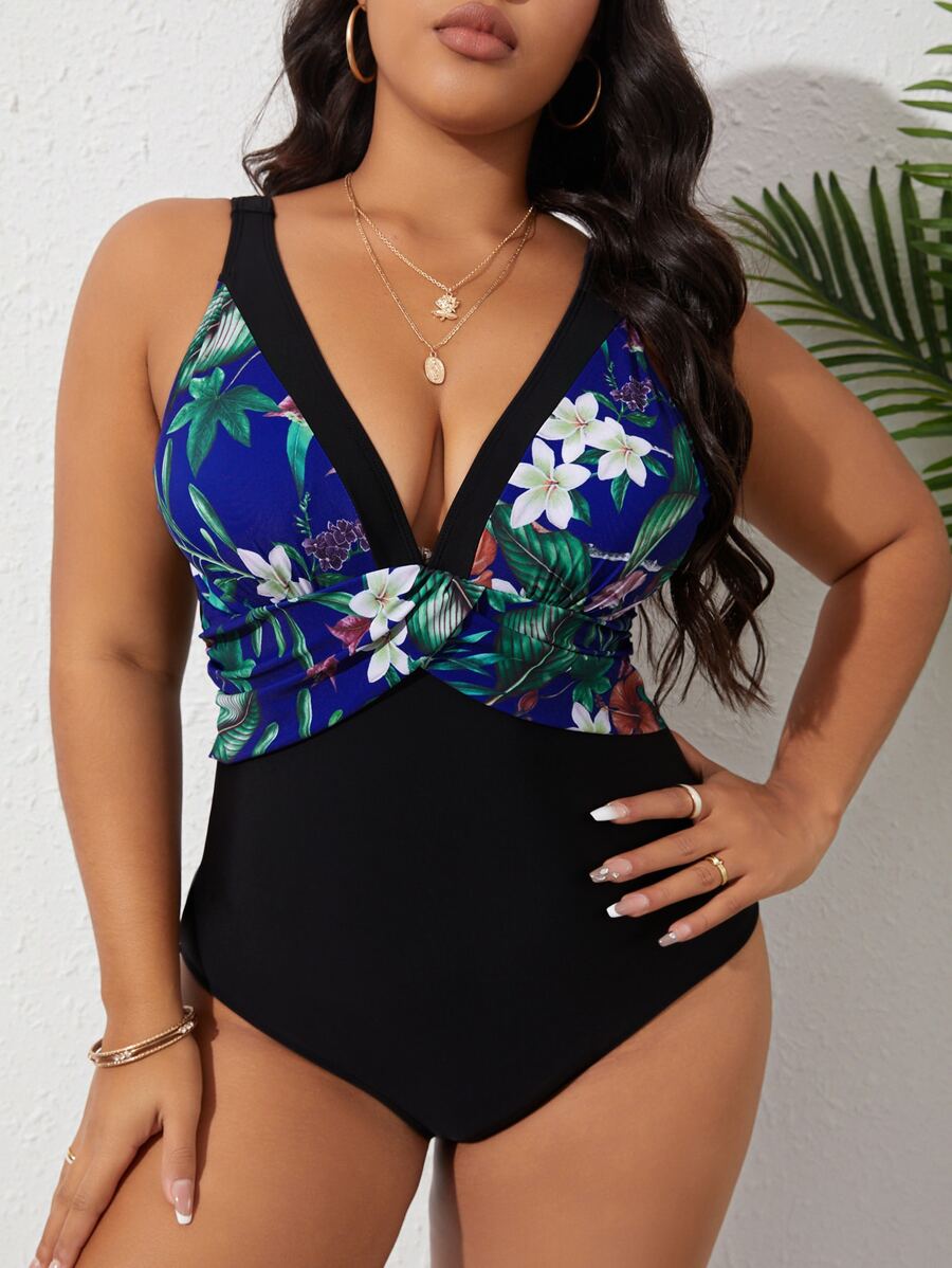 SHEIN Swim Curve Plus Size Tropical Print Plunging Neck One Piece Swimsuit Summer - Black - View 1