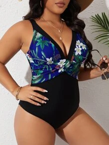 SHEIN Swim Curve Plus Size Tropical Print Plunging Neck One Piece Swimsuit Summer - Black - View 3