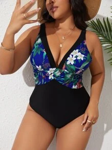 SHEIN Swim Curve Plus Size Tropical Print Plunging Neck One Piece Swimsuit Summer - Black - View 5