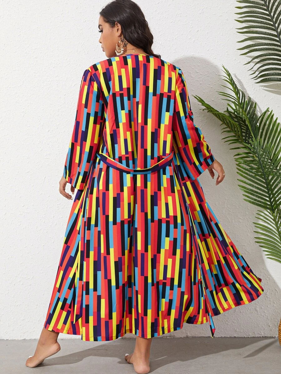 SHEIN Plus Geo Print Belted Kimono - Multicolor - View 1