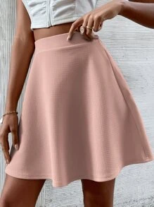 SHEIN Frenchy Solid Waffle Knit Flare Skirt - Baby Pink - View 4