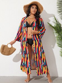 SHEIN Plus Geo Print Belted Kimono - Multicolor - View 2