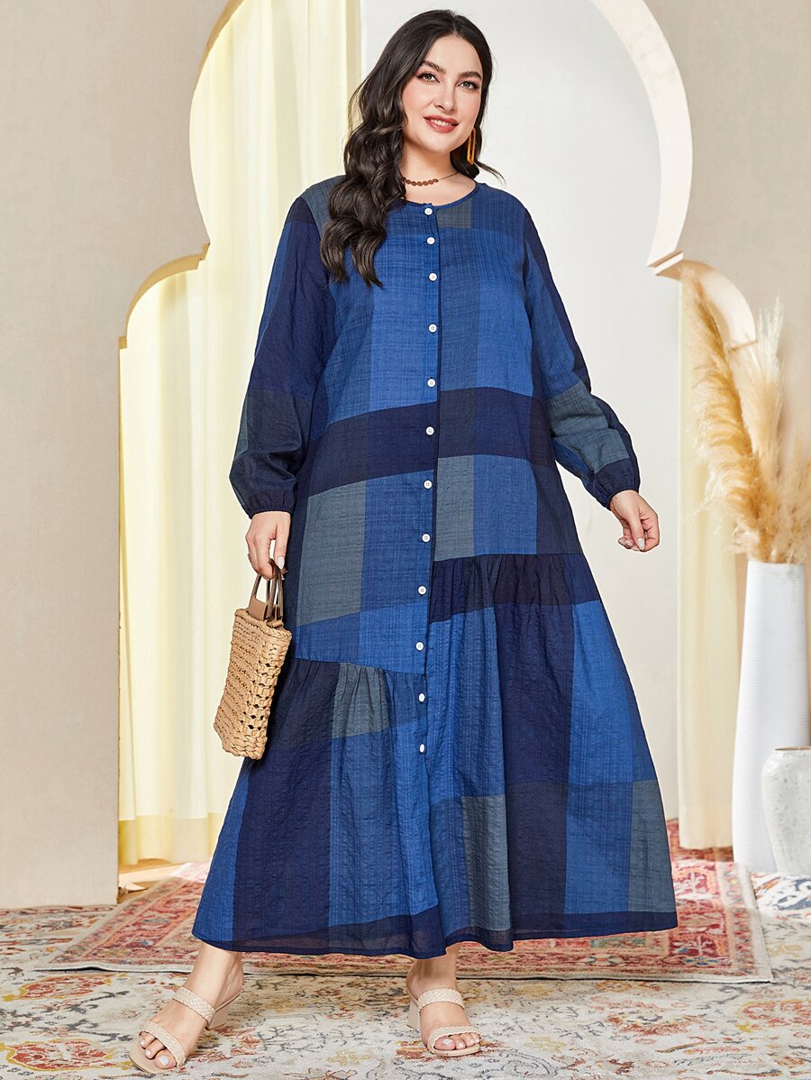 Al Najma Vestido smock de color combinado con botón delantero bajo con fruncido - Azul - Ver 1