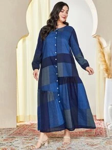 Al Najma Vestido smock de color combinado con botón delantero bajo con fruncido - Azul - Ver 4