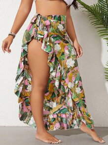 SHEIN Swim Curve Falda de pareos con estampado tropical ribete con fruncido - Multicolor - Ver 4