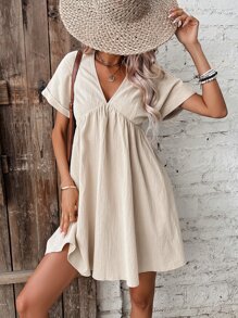 SHEIN Frenchy 素色蝙蝠袖娃娃裙 - 杏色 - 查看 1