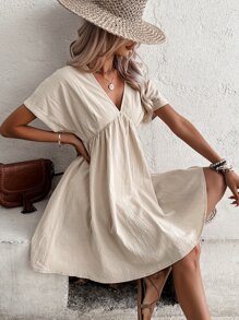 SHEIN Frenchy 素色蝙蝠袖娃娃裙 - 杏色 - 查看 4