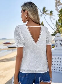 SHEIN VCAY Eyelet Embroidery Puff Sleeve Blouse - White - View 2