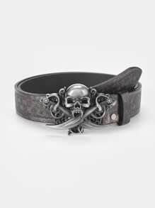 Men Skull Decor Geo Buckle Belt Street Halloween Skeleton Casual, Business, Boyfriend Husband Father Dad Men Gift, Daily Wear, Fashion, Teen, Outdoor, Vacation, Athletic, Travel, Street, Boho, Vintage Fall, Autumn, Halloween Autumn-Winter Accessories,Suitable For Teens, Youth,Men,Casual, Outdoor, Athletic, Vacation, Graduation Gifts, Birthday, Daily Wear - Dark Grey - View 1
