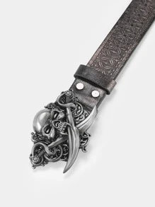 Men Skull Decor Geo Buckle Belt Street Halloween Skeleton Casual, Business, Boyfriend Husband Father Dad Men Gift, Daily Wear, Fashion, Teen, Outdoor, Vacation, Athletic, Travel, Street, Boho, Vintage Fall, Autumn, Halloween Autumn-Winter Accessories,Suitable For Teens, Youth,Men,Casual, Outdoor, Athletic, Vacation, Graduation Gifts, Birthday, Daily Wear - Dark Grey - View 3