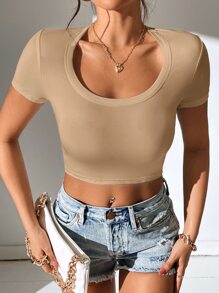 SHEIN PETITE Solid Scoop Neck Crop Tee - Khaki - View 4