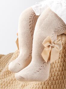 1雙嬰兒蝴蝶結裝飾褲襪 - 米色 - 查看 1