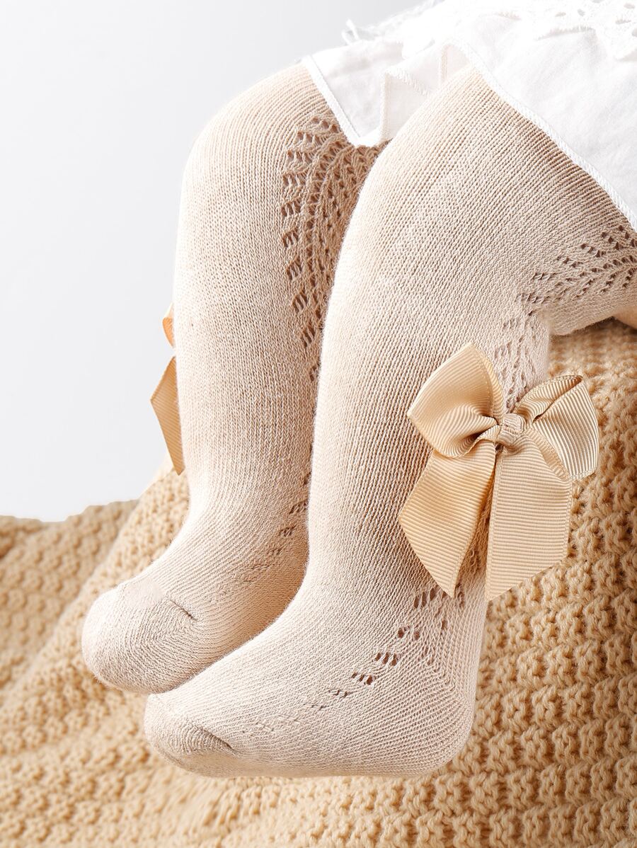 1雙嬰兒蝴蝶結裝飾褲襪 - 米色 - 查看 1