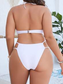 SHEIN Swim Curve Hơn Đơn sắc Bộ Bikini Dây Áo ngực đẩy Áo & Chi tiết chuỗi Cắt ra Cao eo Đáy bikini 2 mảnh Bộ đồ tắm - trắng - Xem 2