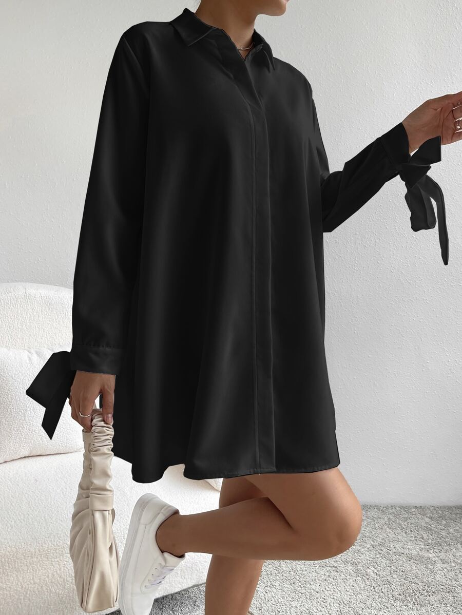 SHEIN EZwear 素色打結袖口襯衫連衣裙 - 黑色 - 查看 1