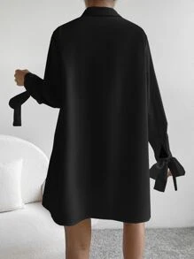 SHEIN EZwear 素色打結袖口襯衫連衣裙 - 黑色 - 查看 2