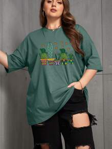 SHEIN EZwear Camiseta de hombros caídos con estampado de cactus - Verde - Ver 1
