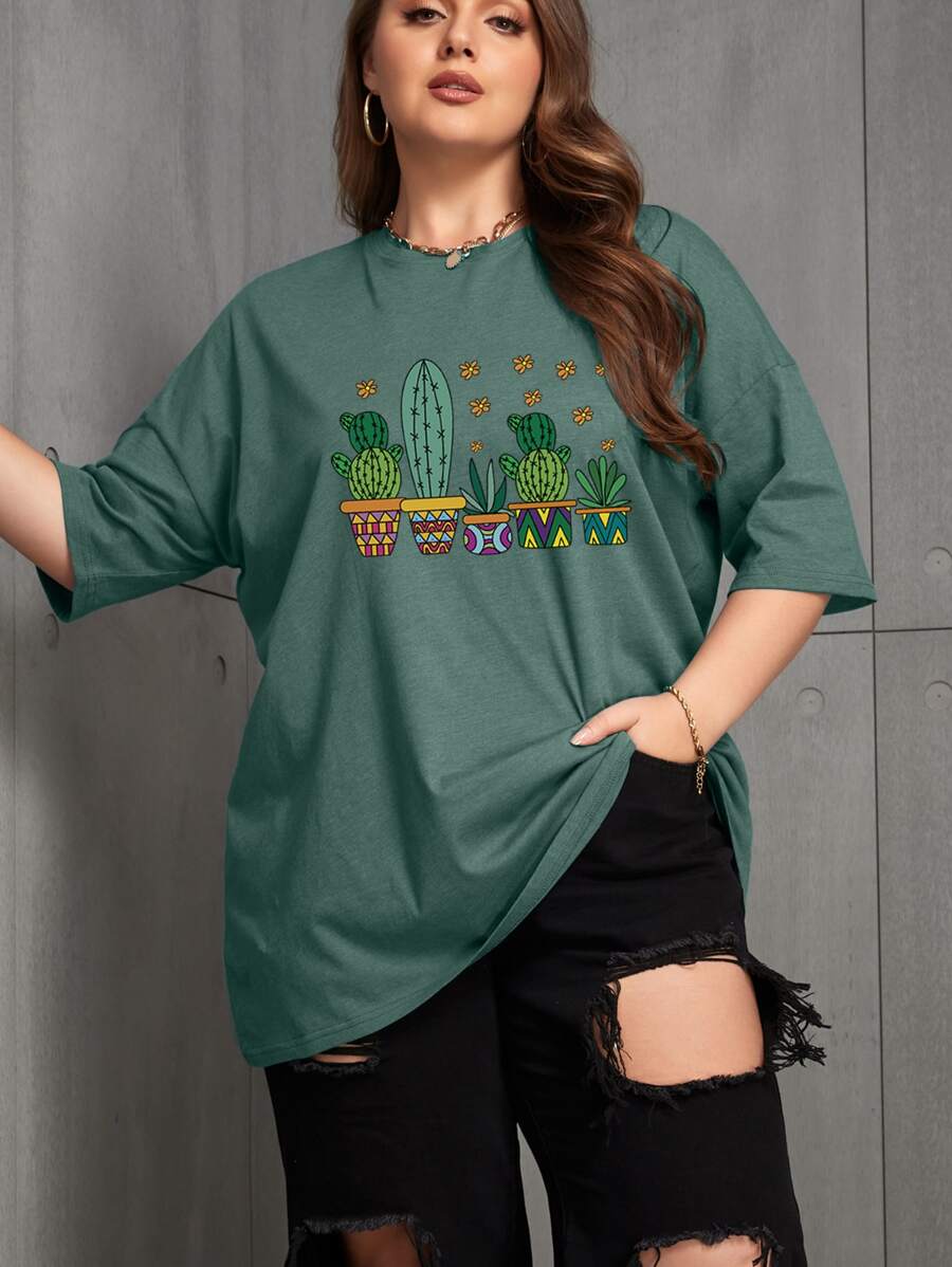 SHEIN EZwear Camiseta de hombros caídos con estampado de cactus - Verde - Ver 1