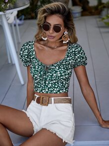 SHEIN VCAY Ditsy Floral Print Knot Front Crop Tee - Dark Green - View 4