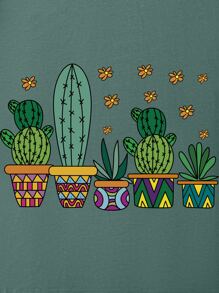 SHEIN EZwear Camiseta de hombros caídos con estampado de cactus - Verde - Ver 4