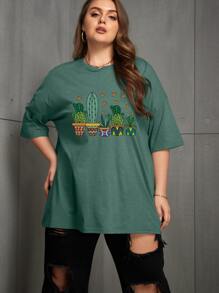 SHEIN EZwear Camiseta de hombros caídos con estampado de cactus - Verde - Ver 5