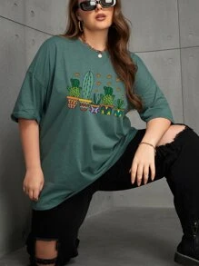 SHEIN EZwear Camiseta de hombros caídos con estampado de cactus - Verde - Ver 6