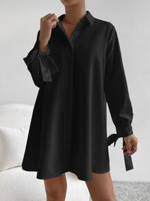 SHEIN EZwear 素色打結袖口襯衫連衣裙 - 黑色 - 查看 3