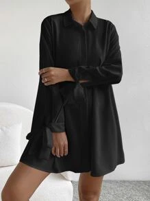 SHEIN EZwear 素色打結袖口襯衫連衣裙 - 黑色 - 查看 4