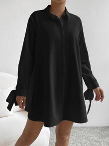 SHEIN EZwear 素色打結袖口襯衫連衣裙 - 黑色 - 查看 5
