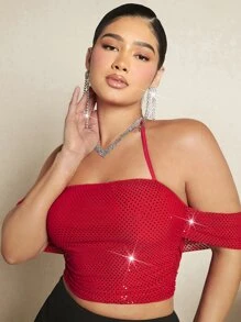 SHEIN SXY Rhinestone Detail Off Shoulder Ruched Side Crop Mesh Top - Red - View 4