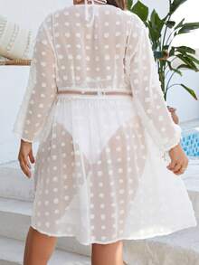 SHEIN Kimono de lunares con cordón delantero - Blanco - Ver 2