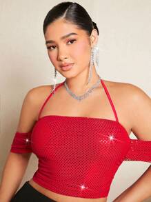 SHEIN SXY Rhinestone Detail Off Shoulder Ruched Side Crop Mesh Top - Red - View 1