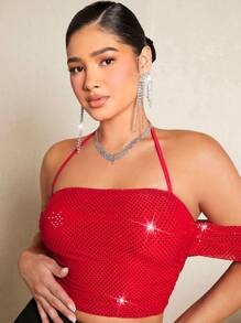 SHEIN SXY Rhinestone Detail Off Shoulder Ruched Side Crop Mesh Top - Red - View 7