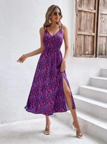 Calvaya Allover Print Split Thigh Cami Dress - Purple - View 3