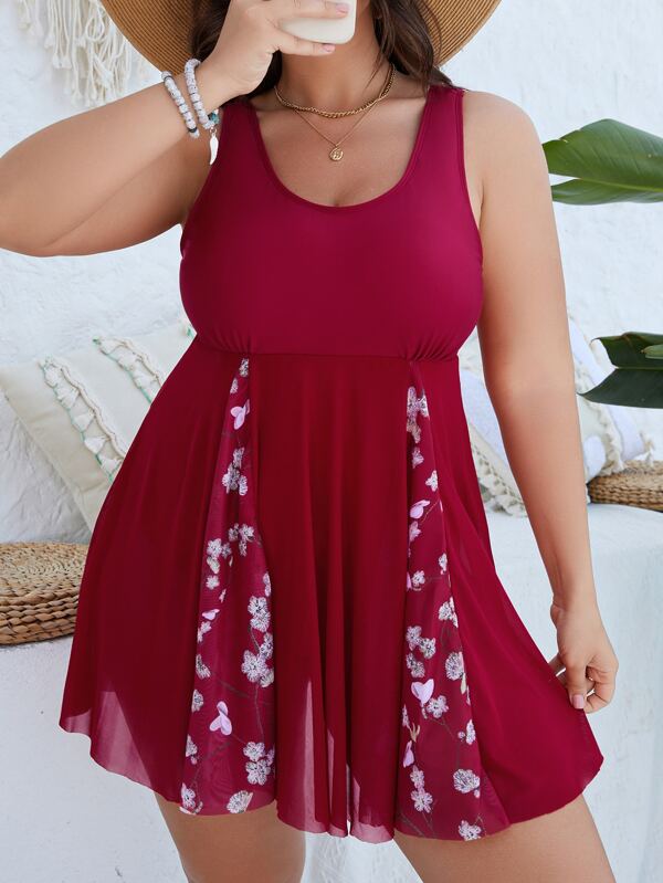 Plus Floral Print Contrast Mesh Hem One Piece Swimsuit SHEIN USA