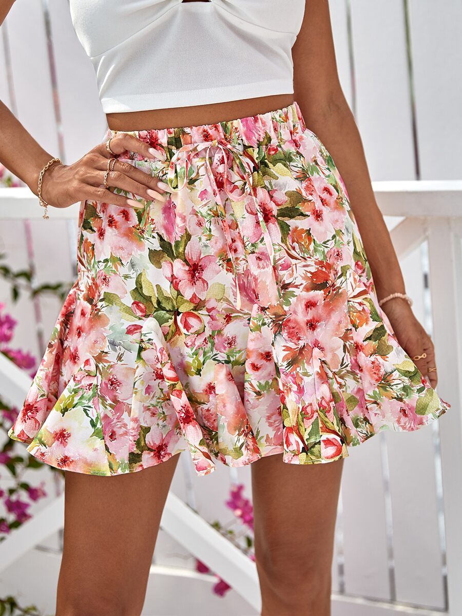 SHEIN VCAY Falda con estampado floral bajo con fruncido - Multicolor - Ver 1