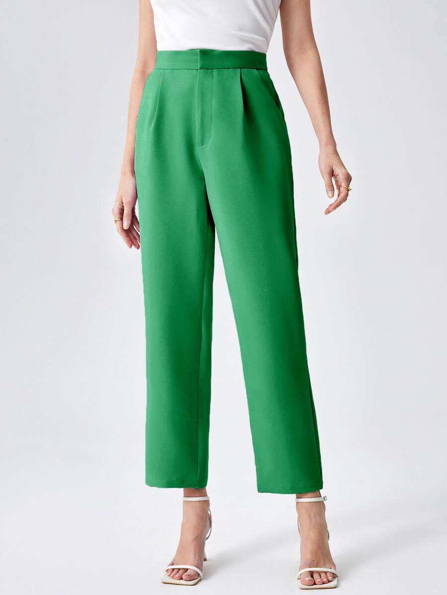 BizChic Solid Fold Pleated Detail Cropped Suit Pants - Green - View 1
